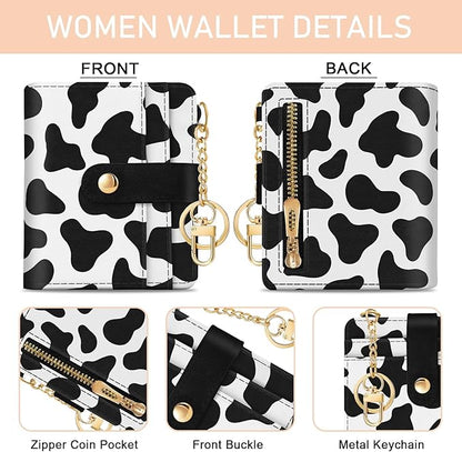 Jogjam Cow Print Rfid Women Wallet, Small Slim Thin Credit Card Wallet, PU Leather Bifold Cash Zipper Coin Pocket ID Window for Female Ladies Teen Girls Girly