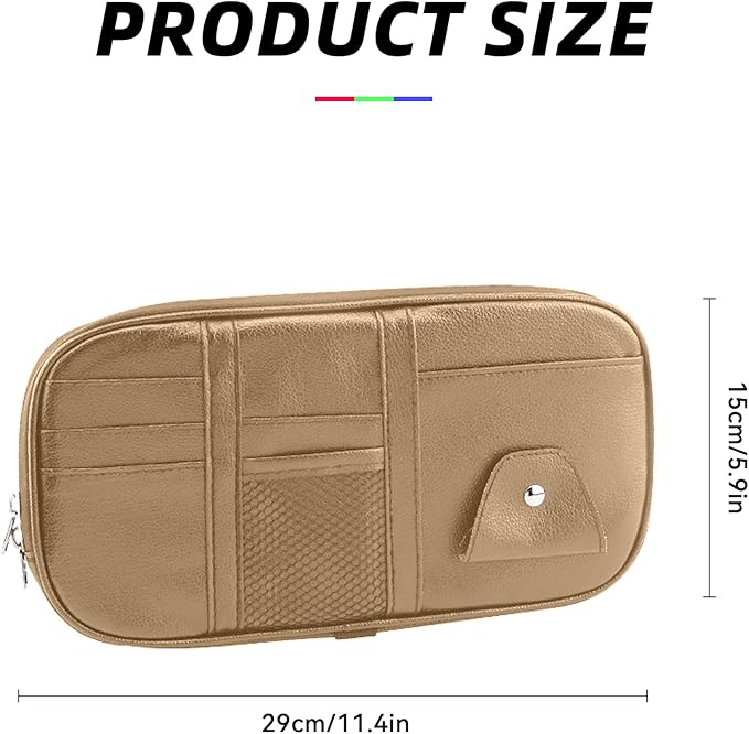 Car Sun Visor Organizer, Multi-Pocket PU Leather Sunglass Holder and Storage Pocket with Net Zipper, Card Sleeve Pocket Organizer, Auto Interior Accessories for Vehicle, Truck, SUV (Beige)