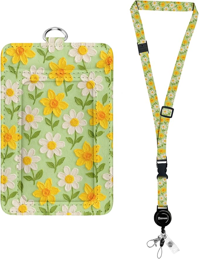 bolimoss Daisy Breakaway Lanyards for Id Badges, Cute Flower Leather Badge Holder with Retractable Adjustable Lanyard ID Name Badge Card Holder with Safety Quick Release Buckles for Women Teacher
