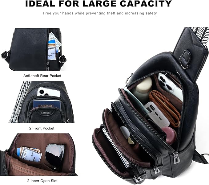 Leresas 10L Crossbody Sling Bag for Women Men Anti Theft Cross Body Fanny Pack Belt Bag Purse Gifts for Women Faux Leather, Black