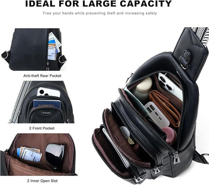 Leresas 10L Crossbody Sling Bag for Women Men Anti Theft Cross Body Fanny Pack Belt Bag Purse Gifts for Women Faux Leather, Black