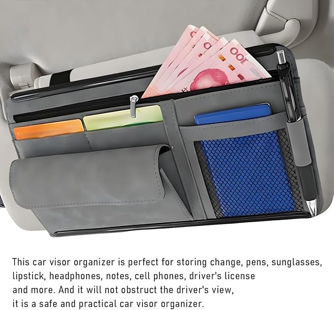 Yourkar Car Sun Visor Organizer, Soft Leather Surface Eyeglasses Note Card Holder Car Storage Bag, Scratch-Resistant Waterproof Auto Sunshade Organizer Bag, Car Accessories (Gray)