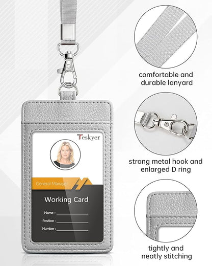 Teskyer Badge Holder with Lanyard, Leather ID Name Badge Card Holder with Lanyard for ID Badges, Vertical, Lychee Pattern Grey