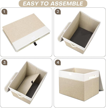 Bagnizer Large 22 Quart Linen Fabric Foldable Storage Bin Cube Organizer Basket with Flip-Top Lid & Handles, Clothes Blanket Box for Home, Office, Closet, Beige & White, 4 Pack 14.6 x 9.5 x 9.5”