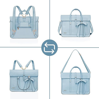 MOSISO Laptop Bag for Women, 13-14 inch PU Leather Laptop Shoulder Bags Convertible Backpack, 13.3 inch Messenger Bags Casual Handbag Work Briefcase Travel Computer Bag with Bowknot, Air Blue