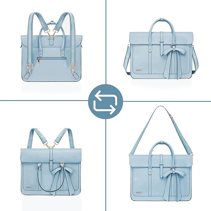 MOSISO Laptop Bag for Women, 15-15.6 inch PU Leather Laptop Shoulder Bags Convertible Backpack, 16 inch Messenger Bags Casual Handbag Work Briefcase Travel Computer Bag with Bowknot, Air Blue