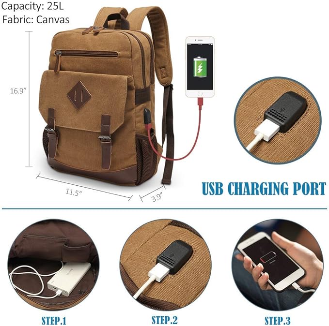 Modoker Eco-Friendly Canvas Backpack for Men Women, Vintage Rucksack Fits Most 15.6 Inch Laptop, Bookbag with USB Charging Port, Brown