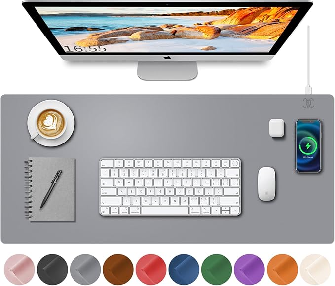 Desk Mat with Wireless Charging, Grey Mouse Pad with Wireless Charger, Desk Pad Matt for Desktop, Mousepad Gaming Large Mouse Pad, Leather Compute for Keyboard and Mouse, 32" x 16"