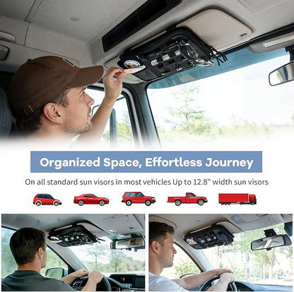 Car Sun Visor Organizer, Heavy Duty Molle Panel with Double Zipper Multi-Pockets & Glasses Clip, Tactical Storage Pouch for Cars, SUVs, Trucks (2 Pack)
