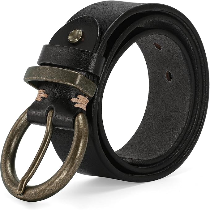Women's 1.5 inch Leather Belt with Large Brass Buckle - Trendy Vintage Style for Jeans and Pants