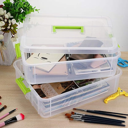 BTSKY 2 Layer Stack & Carry Box, Plastic Multipurpose Portable Storage Container Box Handled Organizer Storage Box for Organizing Stationery, Sewing, Art Craft, Jewelry and Beauty Supplies Green