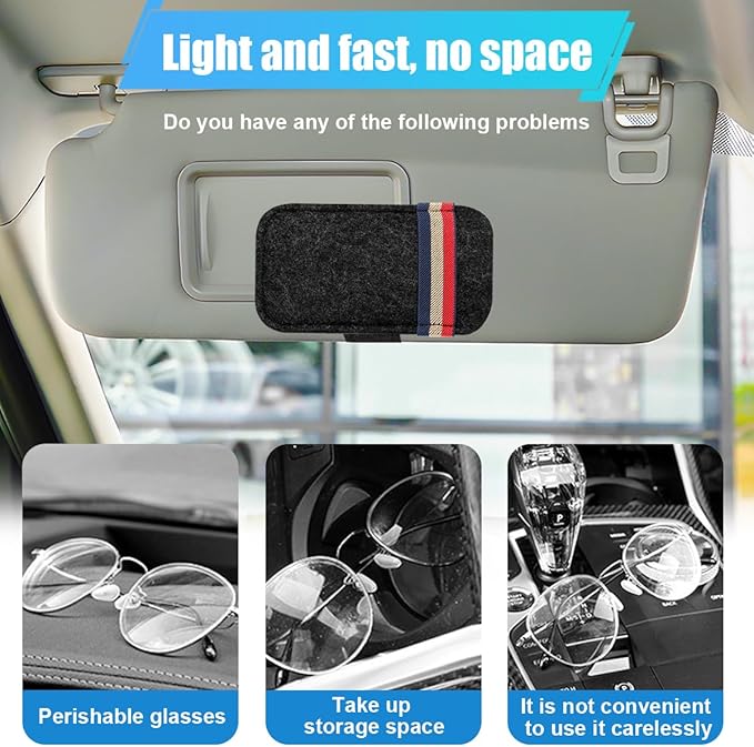 Sunglass Holder for Car Sun Visor Organizer – 6.1"×3.6" Soft Felt Eyeglasses Organizer Card Pocket for Pen Invoice, Universal Clip-on Glasses Holder Storage Pouch for Cars SUV Trucks (Black)
