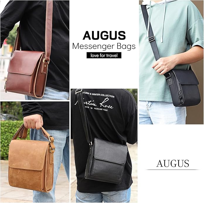 Augus Leather Messenger Crossbody Shoulder Bag for Men Work Business Casual Adjustable straps With YKK Metal Zipper