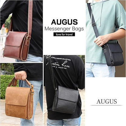 Augus Leather Messenger Crossbody Shoulder Bag for Men Work Business Casual Adjustable straps With YKK Metal Zipper
