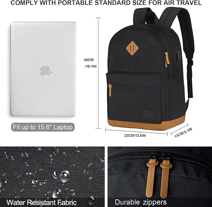Laptop Backpack with Leather Decoration, USB Charging Port, Classic Backpack for College, Work, Travel(18 Inches/Grey