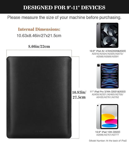 MoKo 9-11 Inch Tablet Sleeve, PU Leather Briefcase Slim Stylish Case Fits New 11-inch iPad Air M4 2026/iPad Pro M5, Air 5/4th 10.9, 10th Gen 10.9, 9/8. Gen 10.2, Tab S8/S9 11, Black