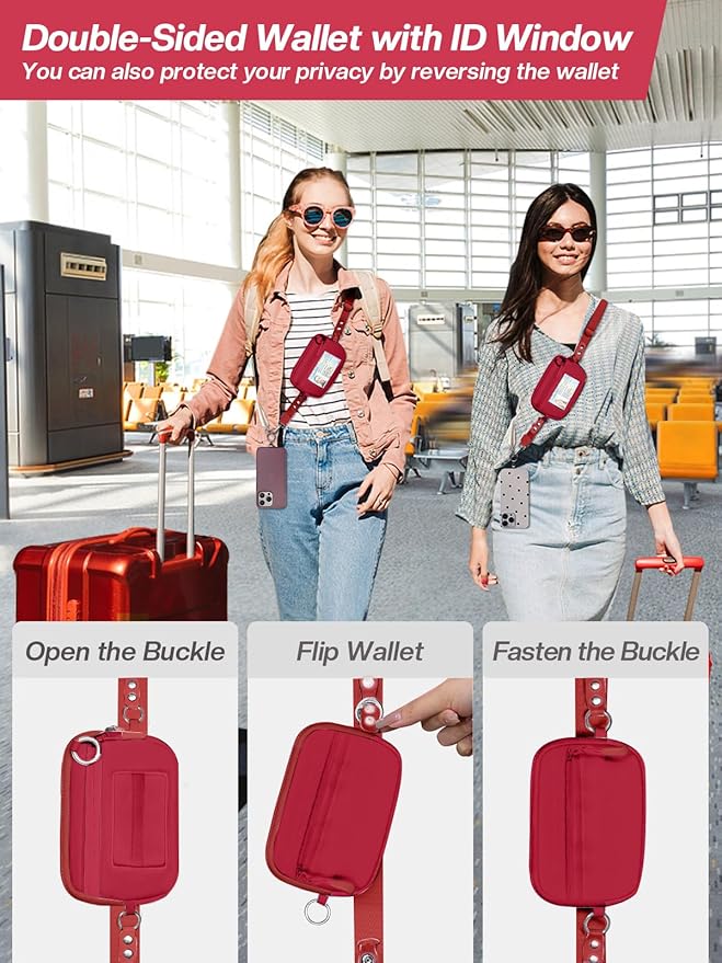Tiostep Clip and Go Strap for Phone with Wallet Crossbody Phone Lanyard Adjustable and Detachable Wristlet Wallet with ID Window and Zipper, Red