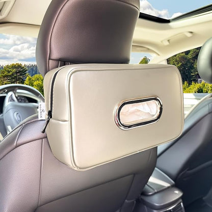 Noaman Upgraded Large Car Tissue Holder Premium PU Leather Tissues Box Cover Backseat Rectangular Napkin Holder for Car Fits for 120 Standard Kleenex Tissues Box for Car Organization Accessories Beige
