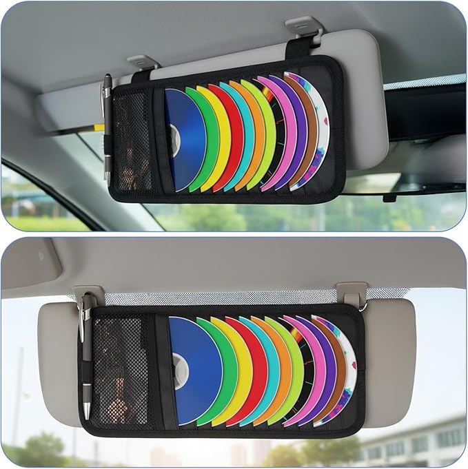 Car CD Case Holder Car Visor CD Holder DVD Vehicle Visor Storage Orangizer Large Capacity Sun Visors Organizer for CDs Visors Case with 12 DVD Storage Sleeves Mesh Pocket Pen Holders and Elastic Strap