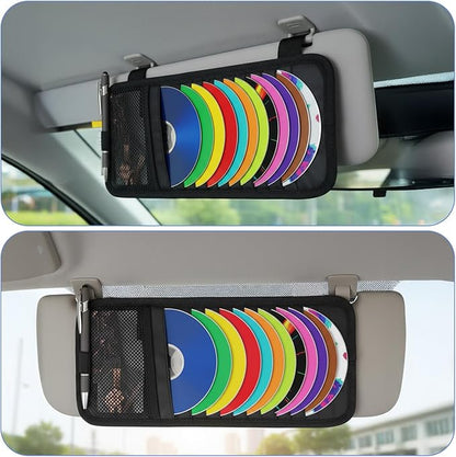 Car CD Case Holder Car Visor CD Holder DVD Vehicle Visor Storage Orangizer Large Capacity Sun Visors Organizer for CDs Visors Case with 12 DVD Storage Sleeves Mesh Pocket Pen Holders and Elastic Strap