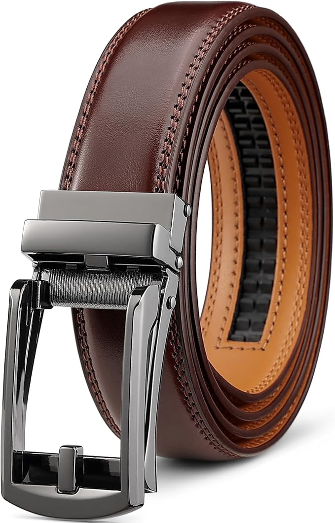 Founders & C Mens Ratchet Belt Leather Click 1 1/4" with Slide Buckle, Casual Dress Belt Adjustable