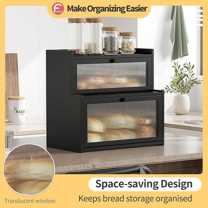 Double Layer Bamboo Bread Box for Kitchen Counter,Bread Holder,Countertop Bread Storage with Window (Black)