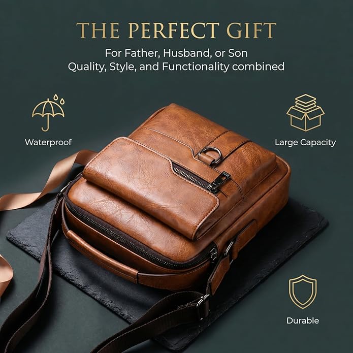 Men's Leather Crossbody Bag, Casual leather Bag for Men, Crossbody Bag Office Business,Handbag Purse Zipper