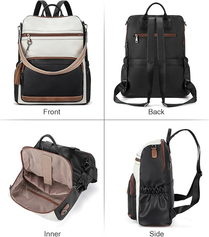 BOSTANTEN Leather Laptop Backpack for Women Designer Travel Backpack with Laptop Compartment Ladies Computer Shoulder Bags Black＆Beige＆Brown