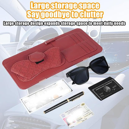 Car Sun Visor Organizer, Leather Multi Pocket Vehicle Visor Storage Pouch for Sunglasses Card License, Multifunctional Auto Interior Organization Accessories, Universal Fit (Wine Red)