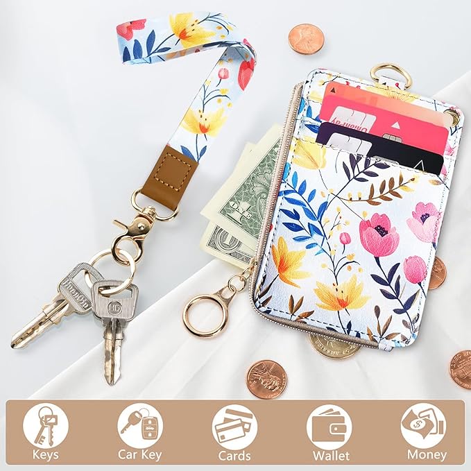 2-in-1 ID Badge Holder & Lanyard Wallet Floral Lanyard with ID Holder Teacher Nurses Woker Cute Lanyards for Name Tag Badge ID Card Holders with Removable Wristlet & Neck Lanyard Zipper Coin Pouch
