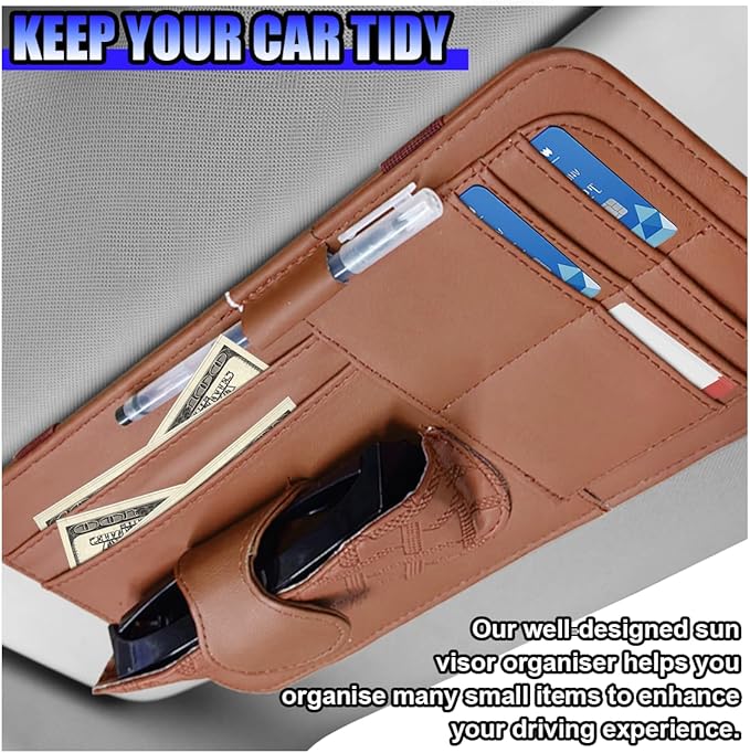 Car Sun Visor Organizer, Vehicle Sunglasses Holder, Automotive Storage Pocket for Pen, Glasses, Ticket, Card, Auto Interior Accessories Pocket for Car, SUV, Truck (Brown)