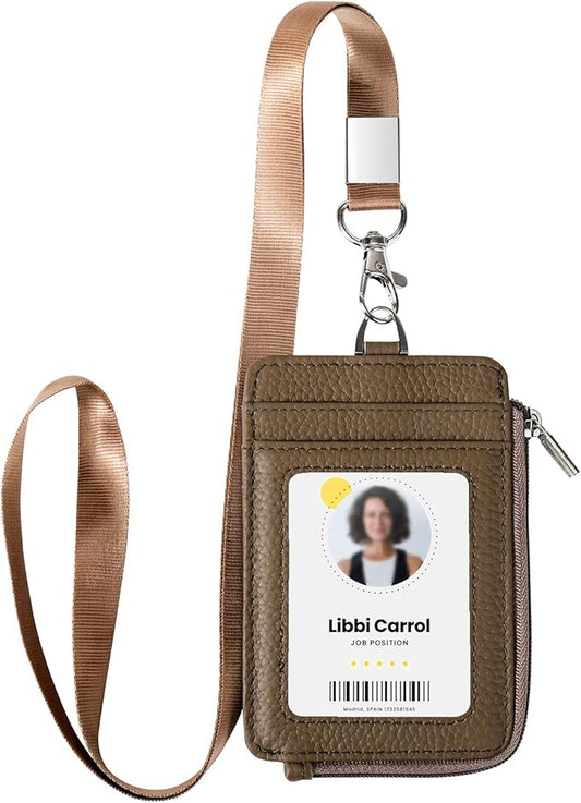 Badge Holder-Genuine Leather ID Badge Holder with Zipper Pocket and Nylon Lanyard – Perfect for Badges, Cards, and More