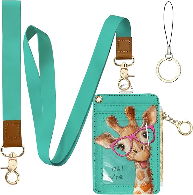 Giraffe Leather Badge Holder with Zipper Pocket, Green Work Lanyards and 1 Zip Pocket and 4 Card Slots, Gamer Breakaway Lanyards with Metal Clasp for Boys, Adult, Teachers