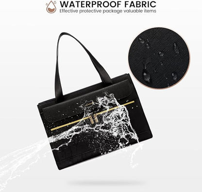 LOVEVOOK Laptop Tote for Women - 15.6 Inch Professional PU Leather Computer Briefcase, Waterproof Handbag, Large Capacity Business Teacher Office Bag, Crossbody Purse - Black