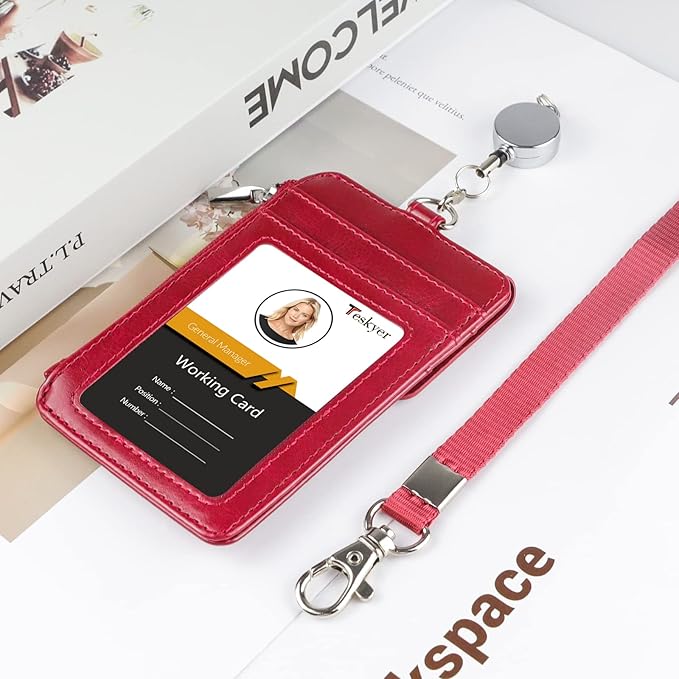 Teskyer Leather Badge Holder with Lanyard and Retractable Badge Reel, 4 Card Slots ID Card Holder with 1 Zipper Pocket for Office School Name Work IDs, Wine Red