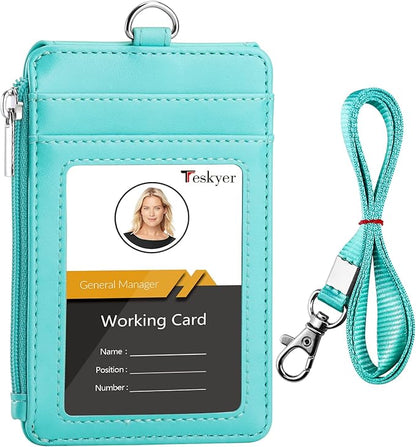 Teskyer Badge Holder with Side Zip Pocket, Multiple Card Slots Leather ID Holder Wallet with Neck Lanyard for Office Staffs, Teachers/Students, Couriers, Workers, Cyan