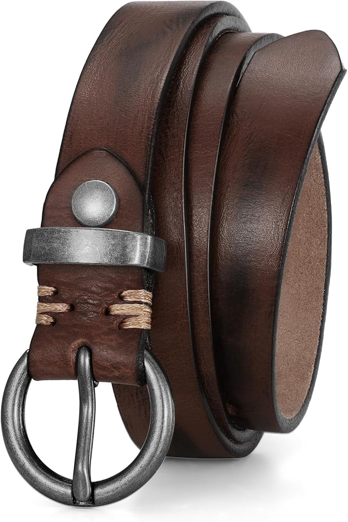 SANSTHS Womens Genuine Leather Belts for Jeans Pants Trendy Vintage Thin Leather Belt Gold Buckle Ladies Skinny Waist Belt