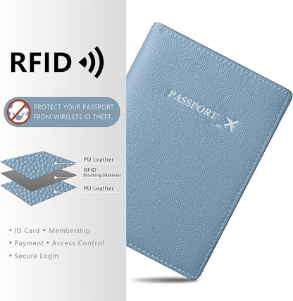 Genuine Leather Passport Cover Wallet, Ultra Slim Case with Vaccine Card Slot, RFID Blocking (Ice Blue)