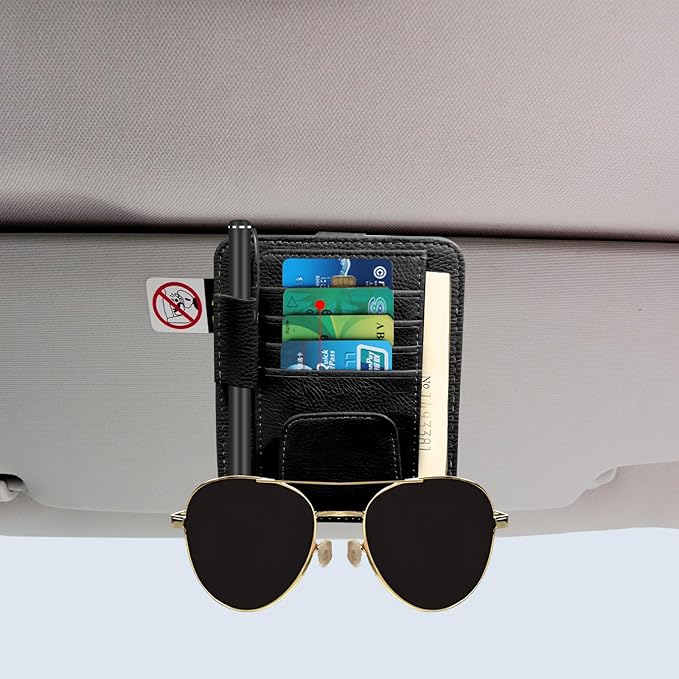 2Pcs Car Sun Visor Organizer, Slim Leather Sunglass Holder for Car, Auto Document Holder for Card, Sunglasses, Insurance, Registration, Pen, Receipt (Black)