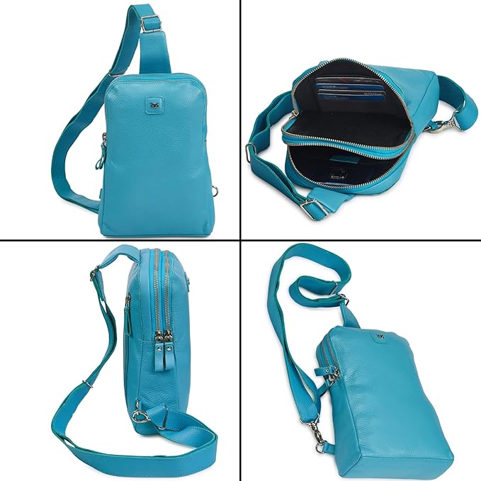 Leather Sling Bag for Women Genuine Crossbody Purse Small Trendy Cross Over Chest with Phone and Credit Card Slots (Air Blue Nappa)