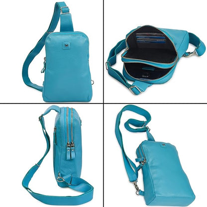 Leather Sling Bag for Women Genuine Crossbody Purse Small Trendy Cross Over Chest with Phone and Credit Card Slots (Air Blue Nappa)