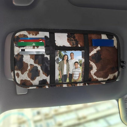 Cow PrintCar Sun Visor Bag Vehicle Visor Storage Pouch Auto CD Holder with Multi-Pocket Fits Most Cars,Suvs,Jeeps,Trucks