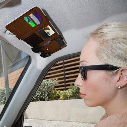 Car Sun Visor Organizer, Leather Pocket Organizer Sunglass Holder for Car Interior Accessories with Multi-Pocket Net Zipper (Brown)