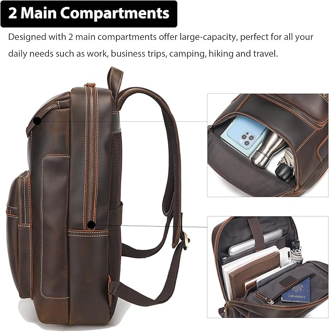 LANNSYNE Full Grain Leather Backpack For Men, 17" Laptop Backpack, Casual Outdoor Business Travel Rucksack, YKK Zippers