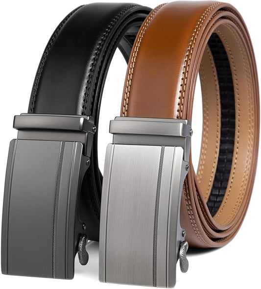2 Pack Ratchet Belt 1 3/8", Mens leather Dress Belt in Gift Set Size 28"-62" Adjustable waist Trim to Fit