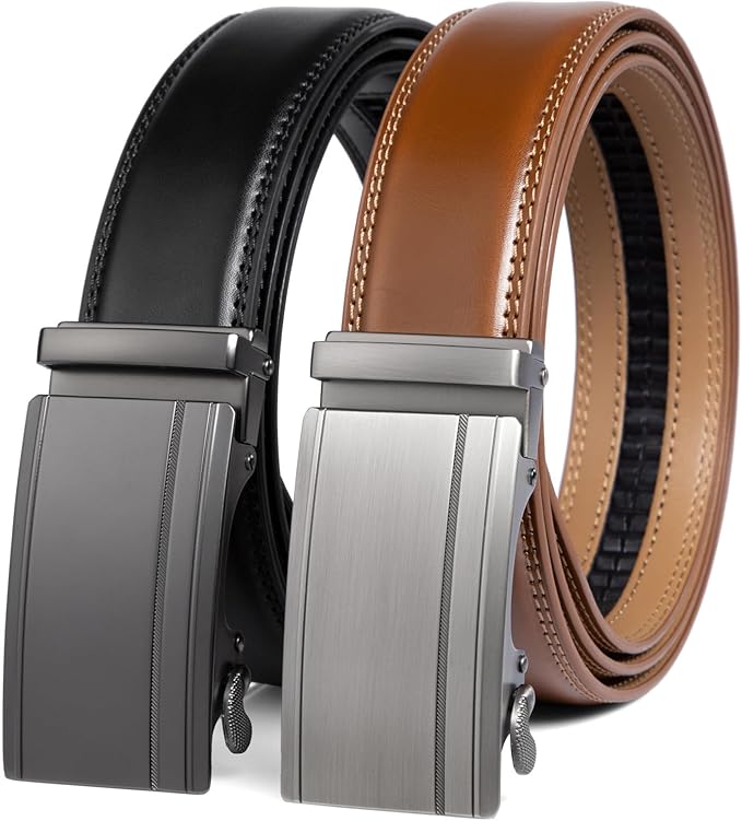 2 Pack Ratchet Belt 1 3/8", Mens leather Dress Belt in Gift Set Size 28"-62" Adjustable waist Trim to Fit