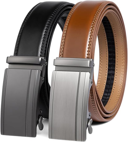 2 Pack Ratchet Belt 1 3/8", Mens leather Dress Belt in Gift Set Size 28"-62" Adjustable waist Trim to Fit