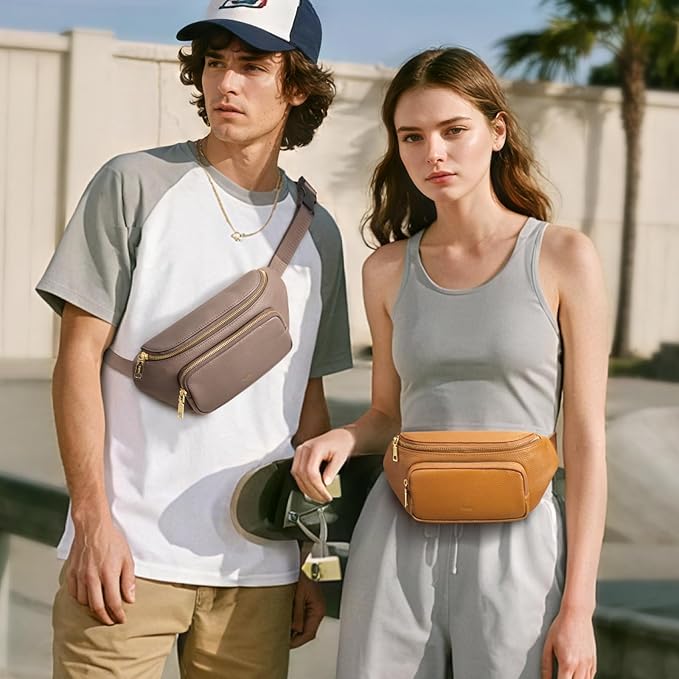 Kattee Fanny Packs for Women, Leather Crossbody Bags for Women Trendy, Small Belt Bag,Fashion Waist Packs with RFID Blocking, Khaki