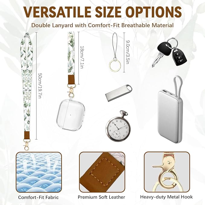 Cute Leather Badge Holder with Zipper Pocket, Leaves Lanyards and 1 Zip Pocket and 4 Card Slots, Breakaway Lanyards with Metal Clasp for Offices, Staff, Adult, Employees