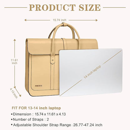 MOSISO Laptop Bag for Women, 13-14 inch PU Leather Laptop Shoulder Bags Convertible Backpack, 13.3 inch Messenger Bags Casual Handbag Work Briefcase Travel Computer Bag with Bowknot, Turmeric